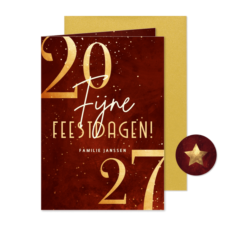 Stijlvolle kerstkaart rood 2027 goudlook met sparkles - Kaartimpressie