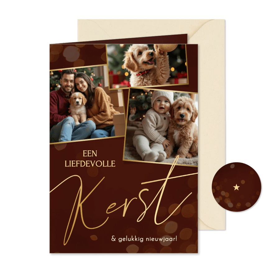 Stijlvolle kerstkaart rood kerst sierlijk goud 3 foto's - Kaartimpressie