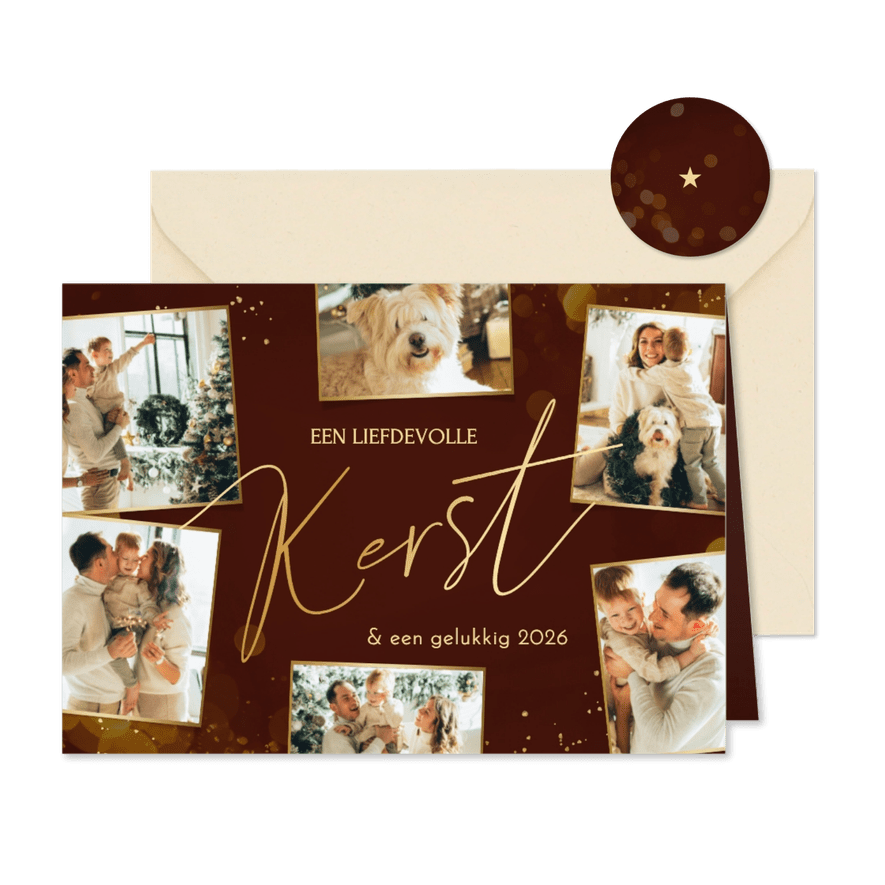 Stijlvolle kerstkaart rood met bokeh en fotocollage - Kaartimpressie