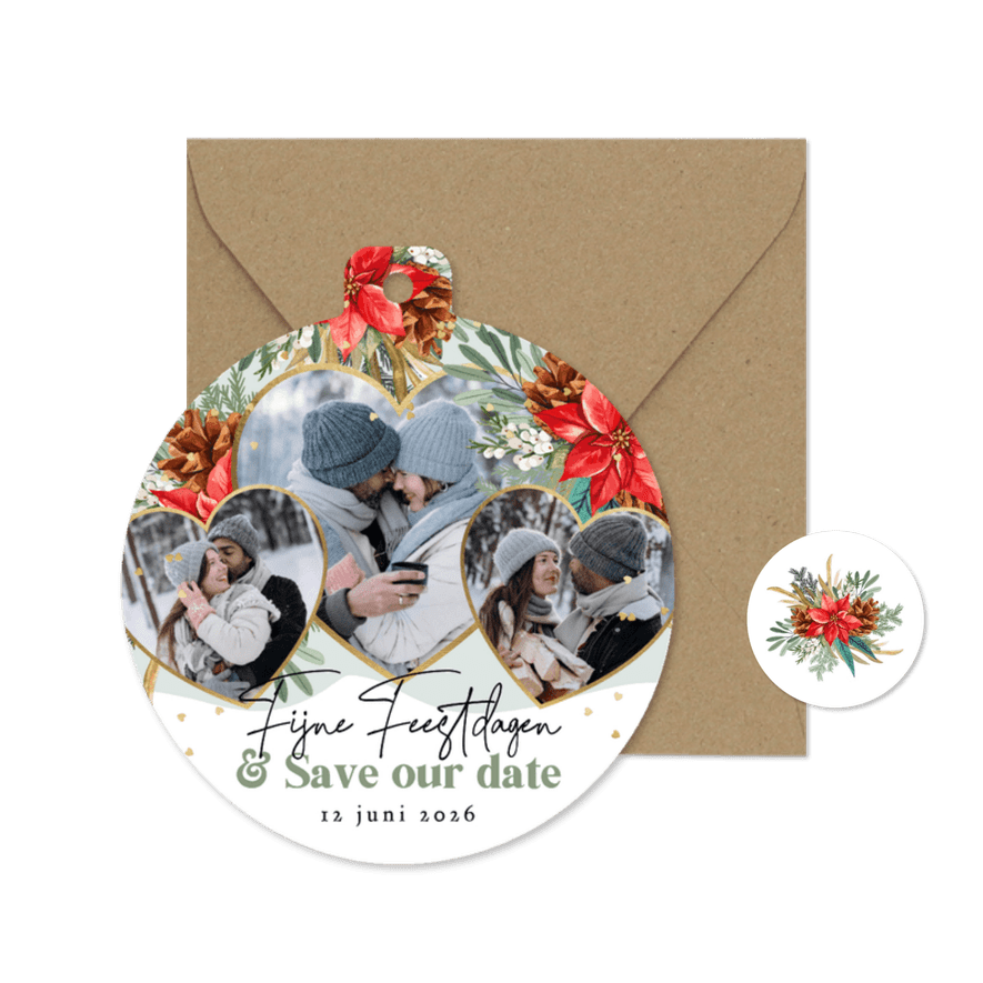 Stijlvolle kerstkaart save the date botanisch harten goud - Kaartimpressie