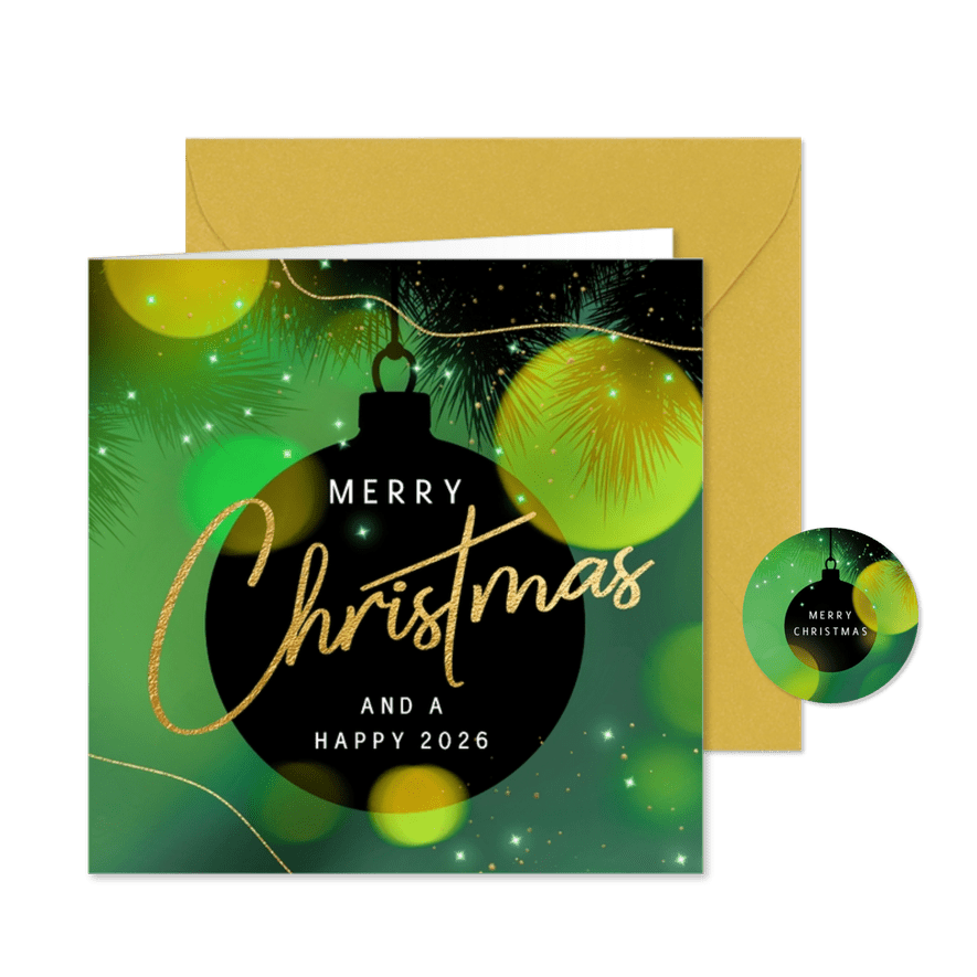 Stijlvolle kerstkaart sfeer kerstbal lichtjes groen - Kaartimpressie