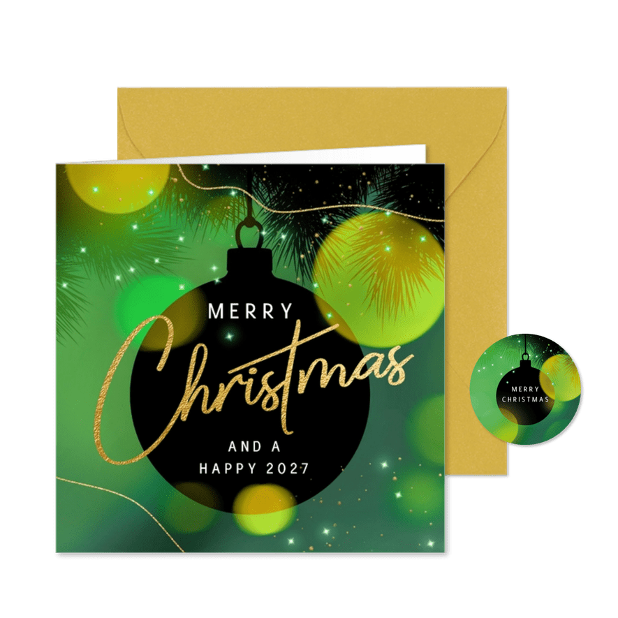 Stijlvolle kerstkaart sfeer kerstbal lichtjes groen - Kaartimpressie