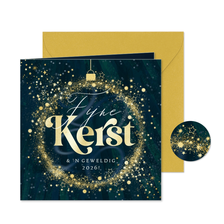 Stijlvolle kerstkaart silhouet kerstbal sterrenstof goud - Kaartimpressie