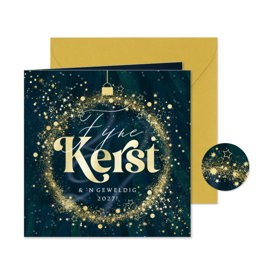Stijlvolle kerstkaart silhouet kerstbal sterrenstof goud - Kaartimpressie