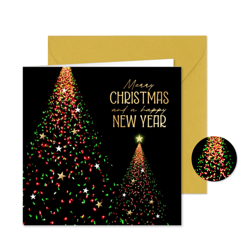 Stijlvolle kerstkaart sjieke kerstboom licht lampjes - Kaartimpressie