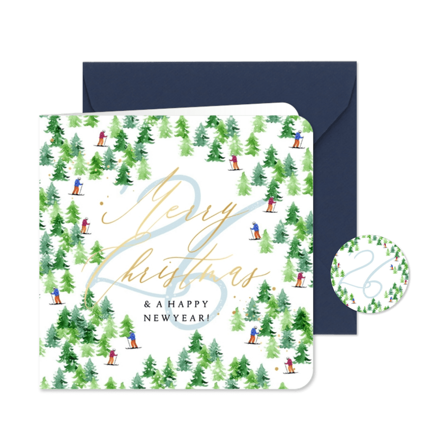 Stijlvolle kerstkaart sneeuwlandschap wintersport goud - Kaartimpressie