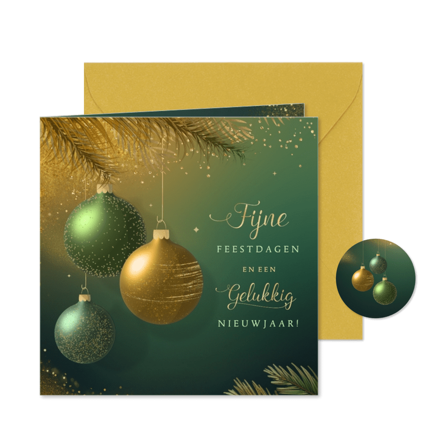 Stijlvolle kerstkaart sprankelend groen goud 3d kerstballen - Kaartimpressie