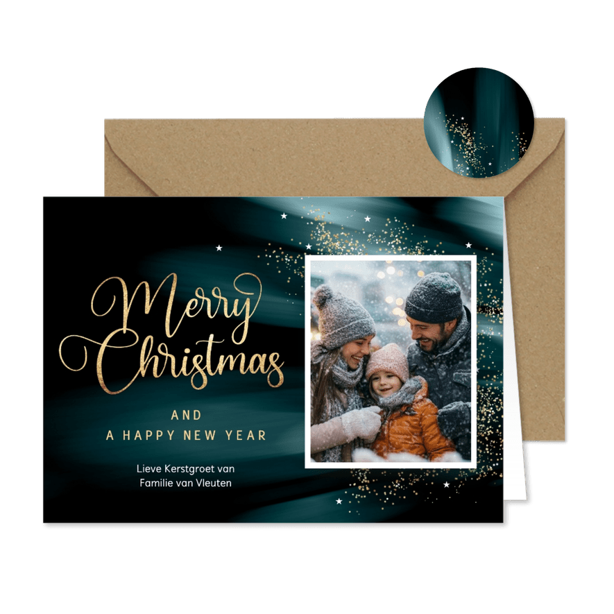 Stijlvolle kerstkaart sprankelende sterren en foto - Kaartimpressie