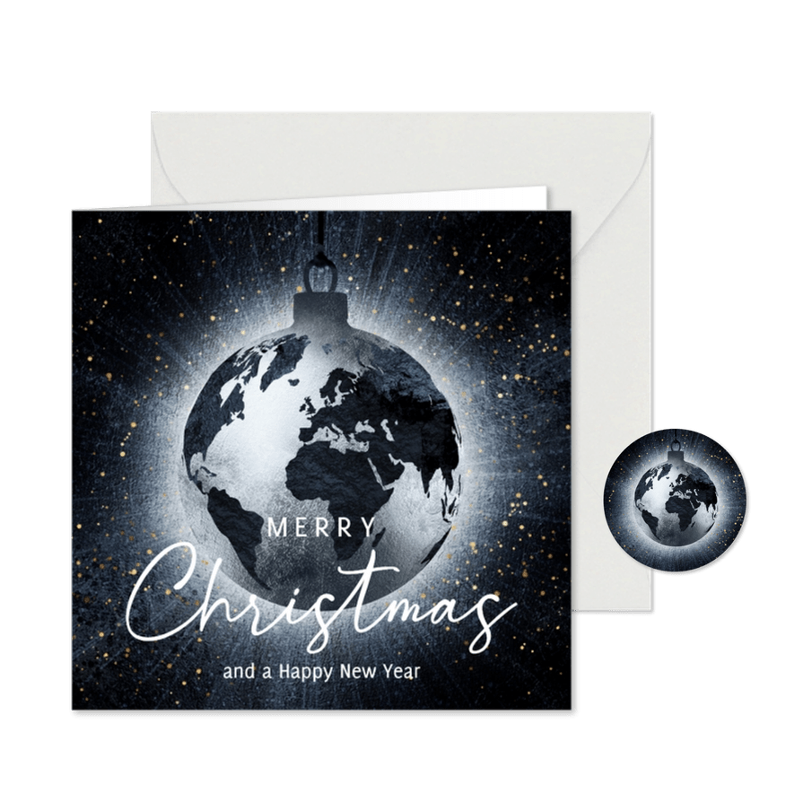 Stijlvolle kerstkaart stoere wereldbol kerstbal - Kaartimpressie