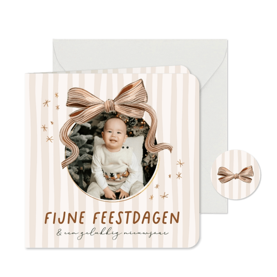 Stijlvolle kerstkaart streeppatroon watercolor strik foto - Kaartimpressie