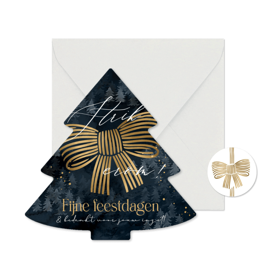 Stijlvolle kerstkaart strik erom goud kerstboomvorm - Kaartimpressie