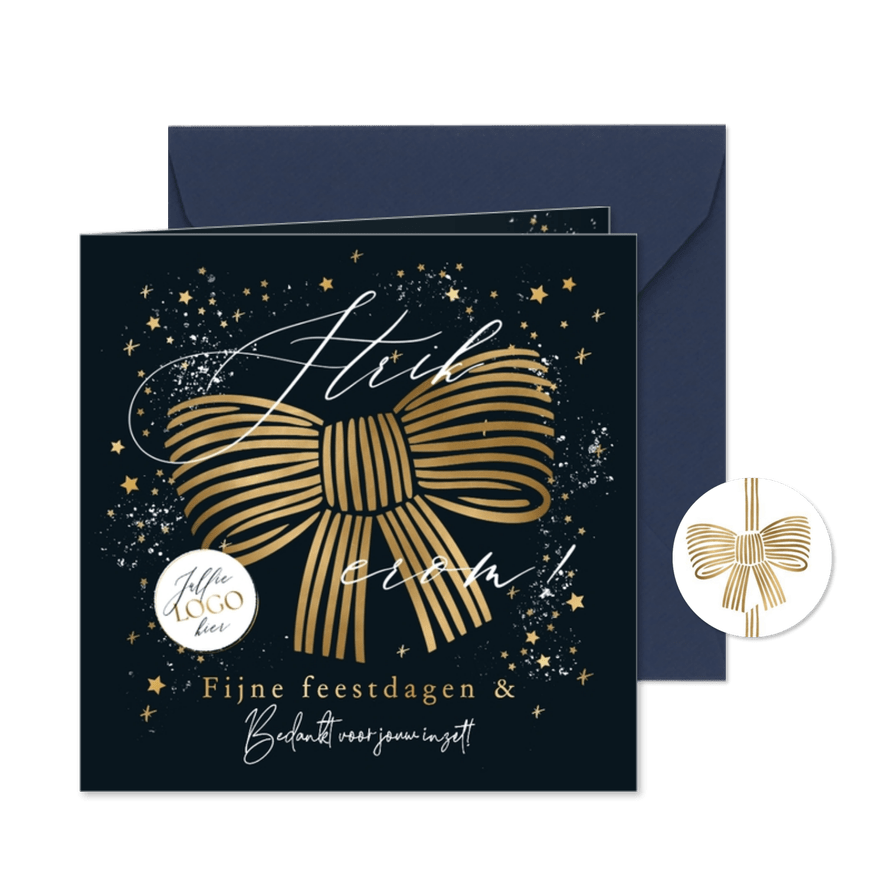 Stijlvolle kerstkaart 'strik erom' lijntekening sterren goud - Kaartimpressie