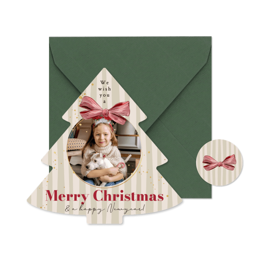 Stijlvolle kerstkaart strik watercolor kerstbal foto streep - Kaartimpressie