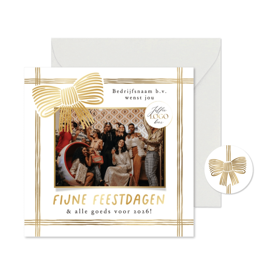 Stijlvolle kerstkaart strikken lint goud foto logo - Kaartimpressie