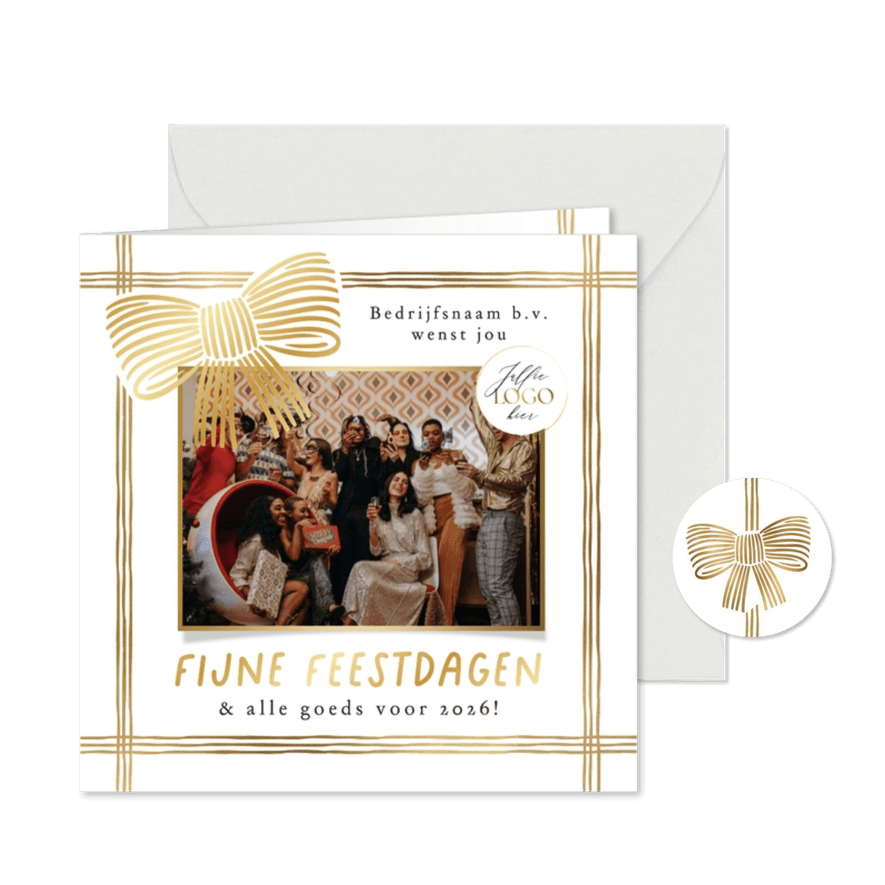 Stijlvolle kerstkaart strikken lint goud foto logo - Kaartimpressie