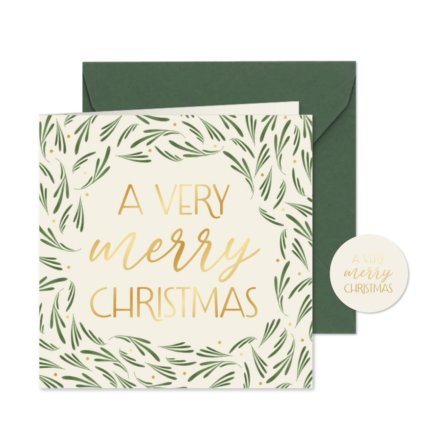 Stijlvolle kerstkaart takjes very merry christmas goud - Kaartimpressie