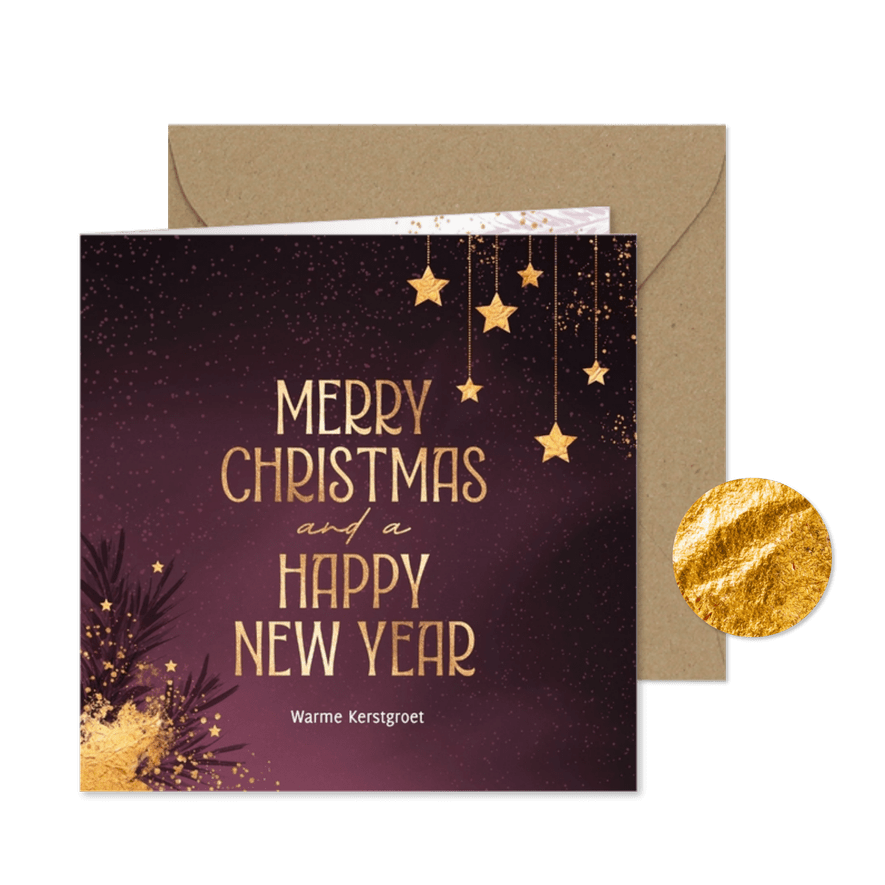 Stijlvolle kerstkaart trendy aubergine rood goud sterren - Kaartimpressie