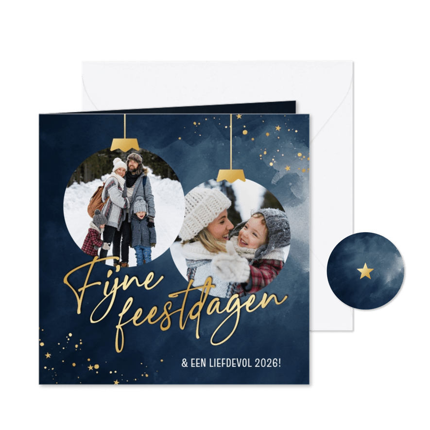 Stijlvolle kerstkaart twee kerstballen foto's en spetters - Kaartimpressie