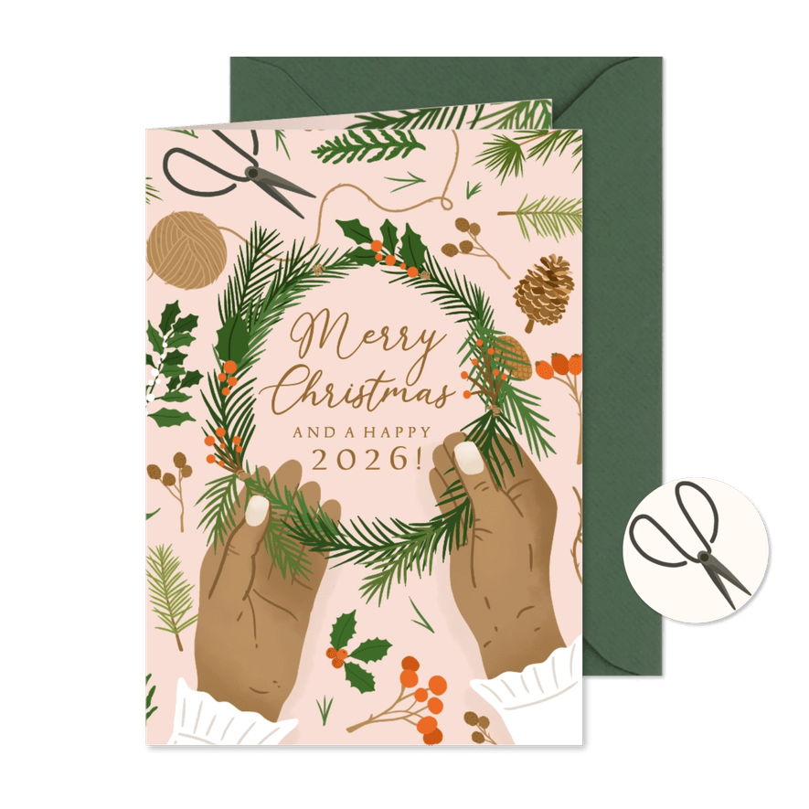 Stijlvolle kerstkaart versieren krans - Kaartimpressie