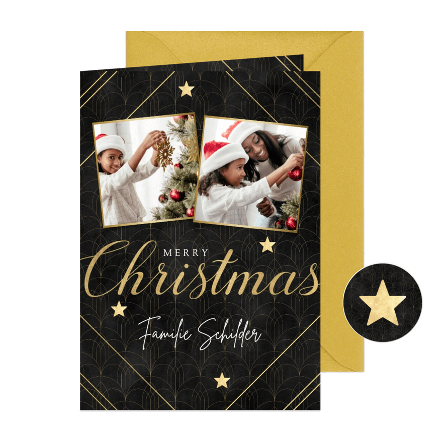 Stijlvolle kerstkaart vintage patroon foto's en typografie - Kaartimpressie