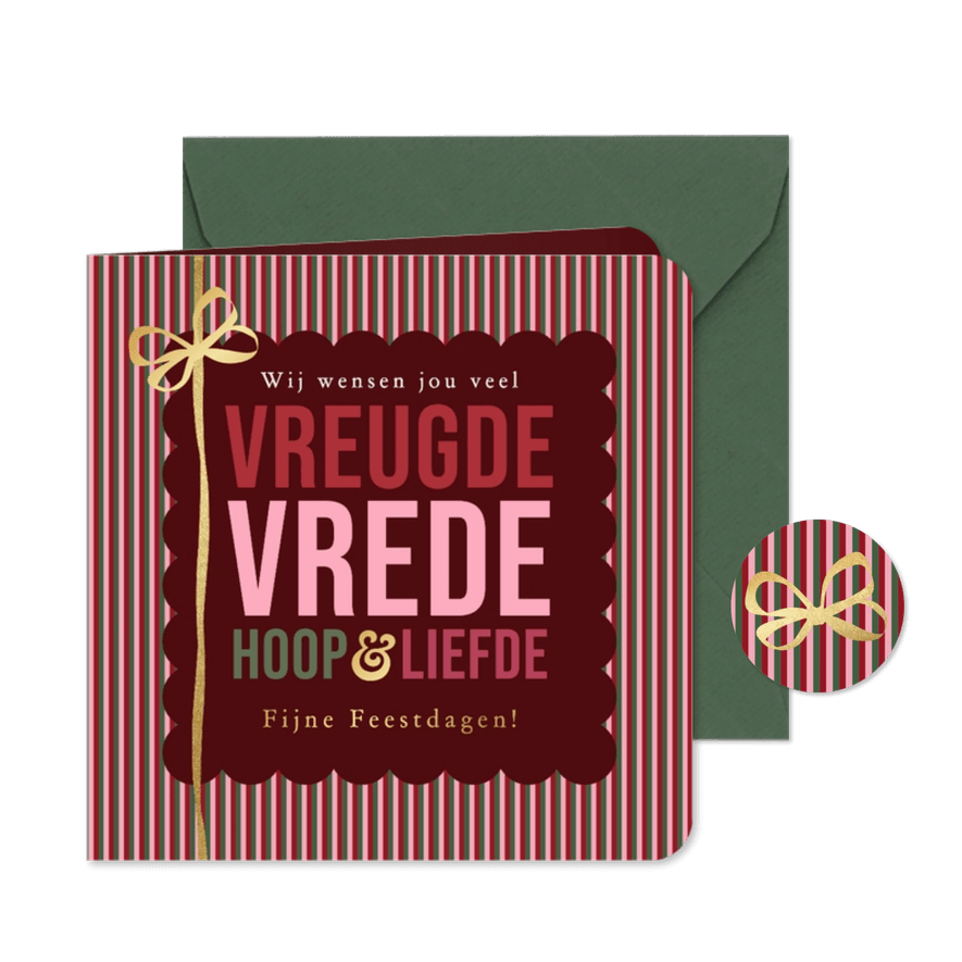 Stijlvolle kerstkaart vrede streep strik goud - Kaartimpressie