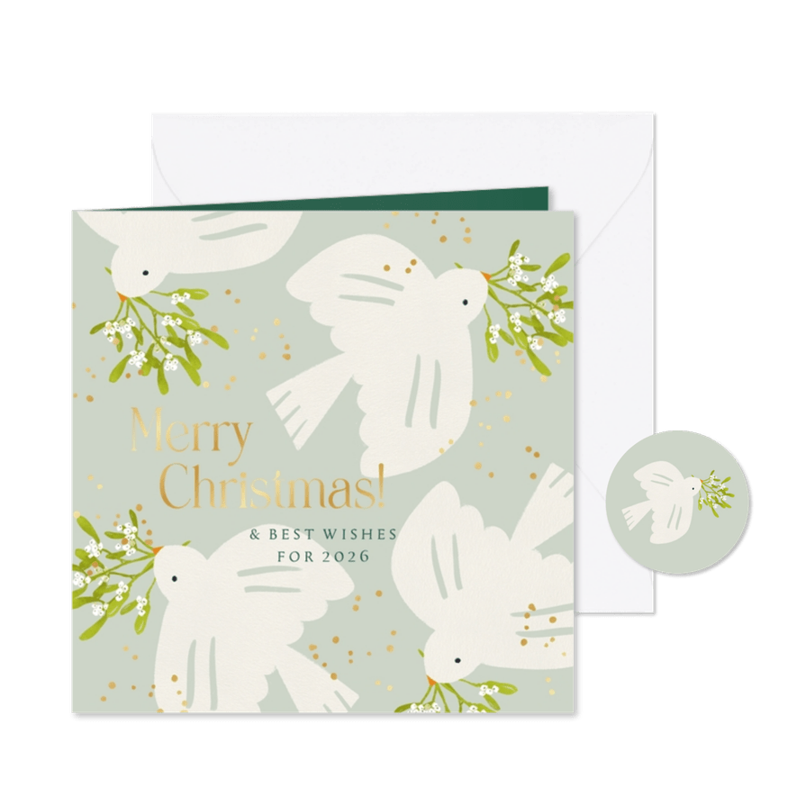Stijlvolle kerstkaart vredesduif maretak spetters goud - Kaartimpressie