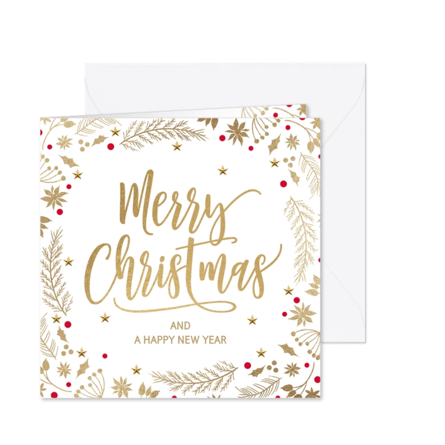 Stijlvolle kerstkaart wit goud merry christmas - Kaartimpressie
