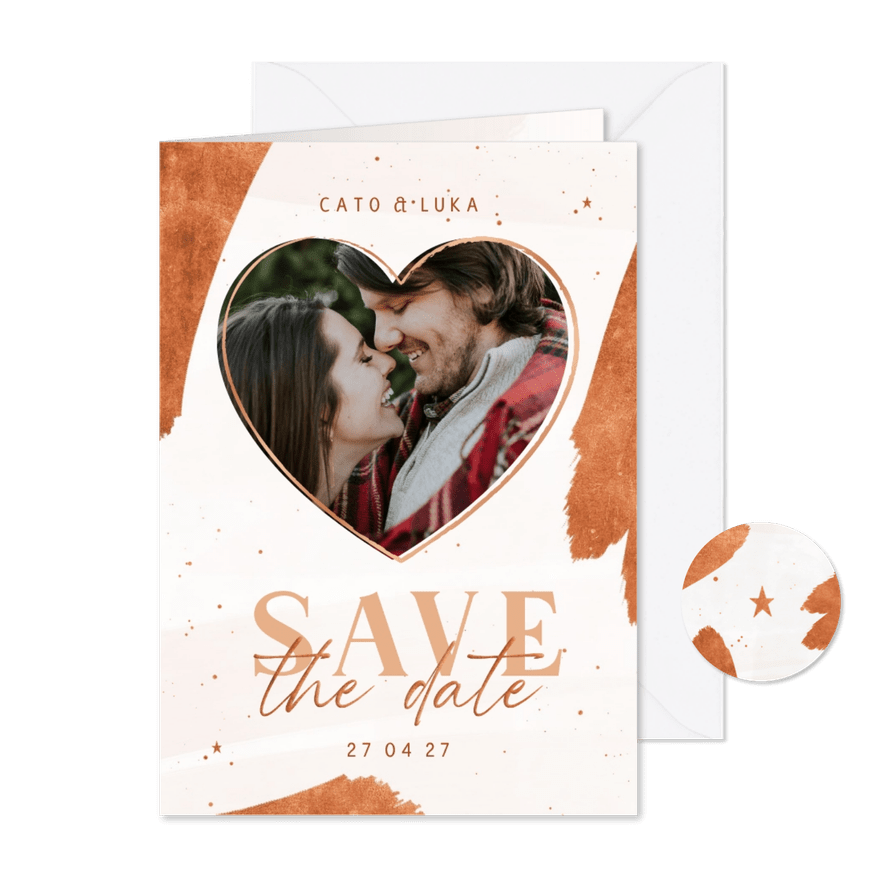 Stijlvolle kerstkaart wit met foto in hartje save the date - Kaartimpressie
