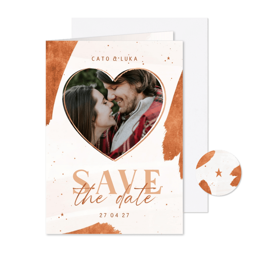 Stijlvolle kerstkaart wit met foto in hartje save the date - Kaartimpressie
