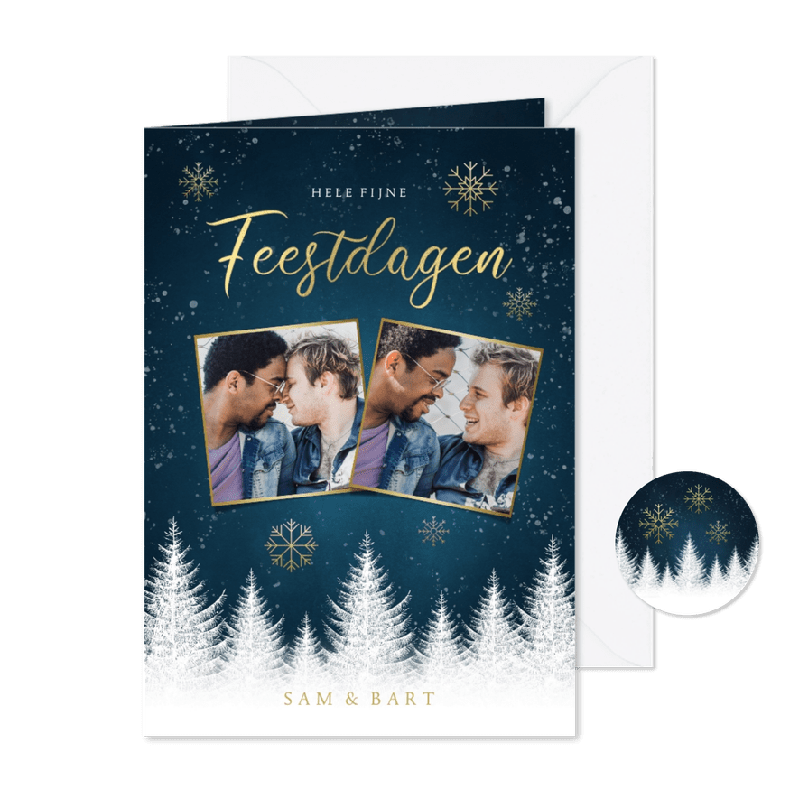 Stijlvolle kerstkaart witte bomen, sneeuwvlokken en foto's - Kaartimpressie