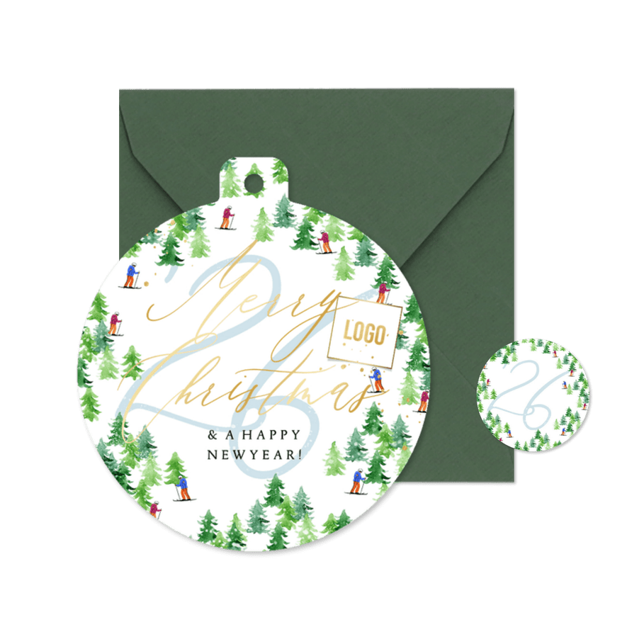 Stijlvolle kerstkaart zakelijk dennenbomen wintersport goud - Kaartimpressie