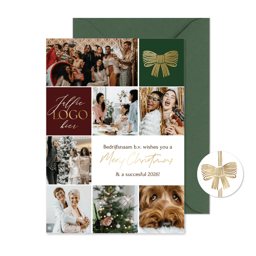 Stijlvolle kerstkaart zakelijk fotocollage strik goud logo - Kaartimpressie