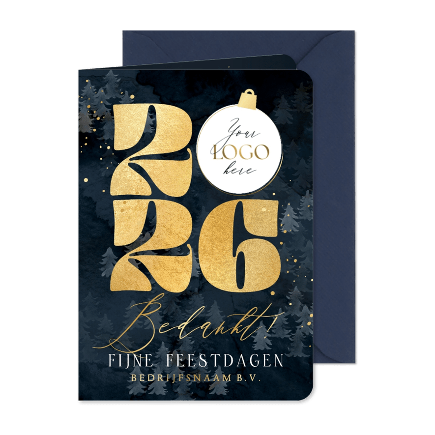 Stijlvolle kerstkaart zakelijk jaartal goud logo kerstbal - Kaartimpressie