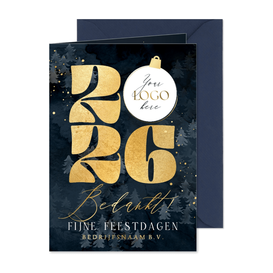 Stijlvolle kerstkaart zakelijk jaartal goud logo kerstbal - Kaartimpressie