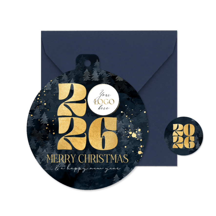 Stijlvolle kerstkaart zakelijk jaartal logo goud kerstbomen - Kaartimpressie