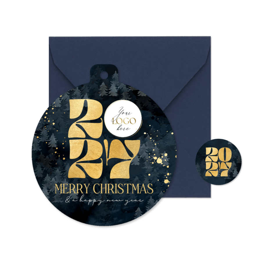 Stijlvolle kerstkaart zakelijk jaartal logo goud kerstbomen - Kaartimpressie
