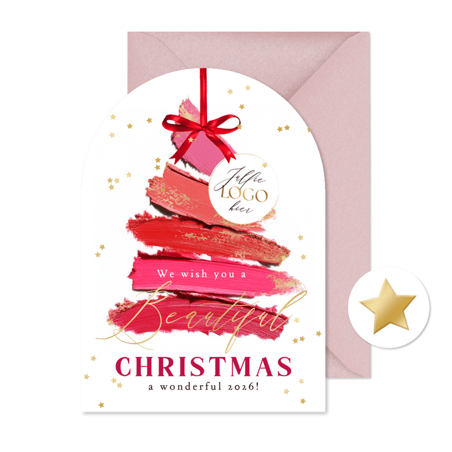 Stijlvolle kerstkaart zakelijk lipstick kerstboom goud ster - Kaartimpressie