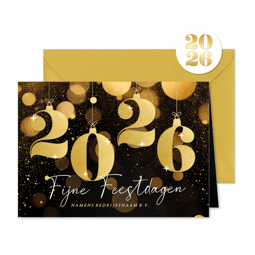 Stijlvolle kerstkaart zakelijk met gouden 2026 glitters - Kaartimpressie