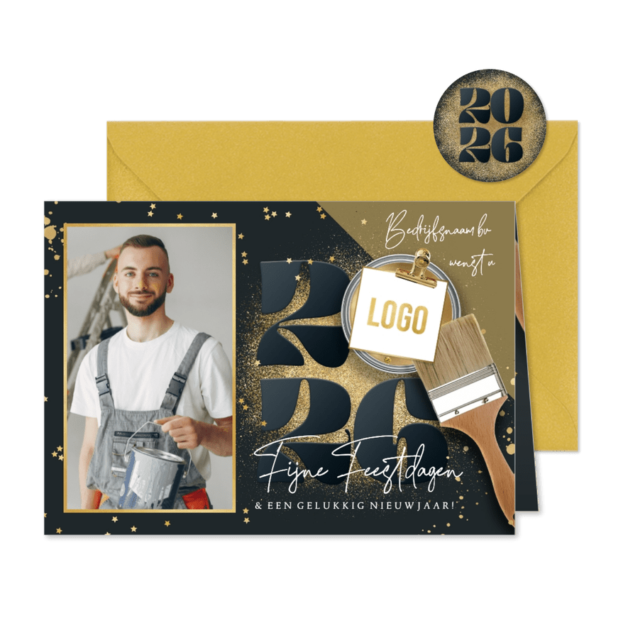 Stijlvolle kerstkaart zakelijk schildersbedrijf goud foto - Kaartimpressie