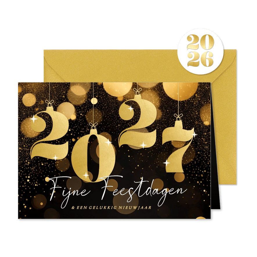 Stijlvolle kerstkaart zwart met gouden 2027 glitters - Kaartimpressie