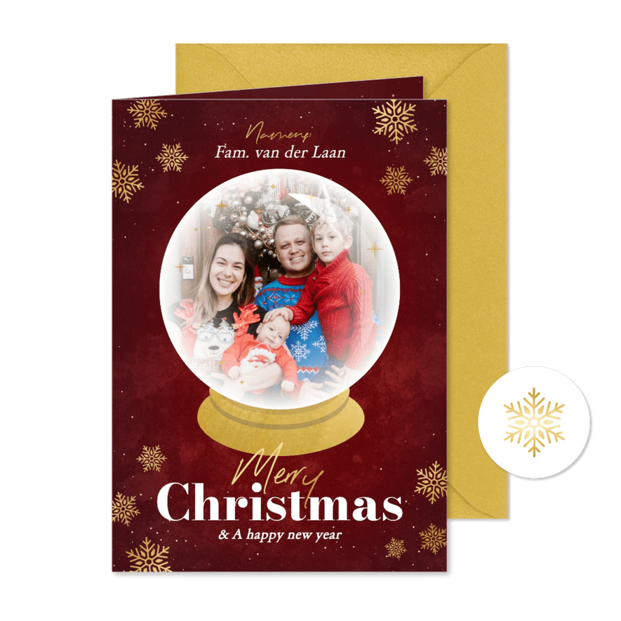 Stijlvolle kerstkaarten met foto in schudbol goudfolie - Kaartimpressie