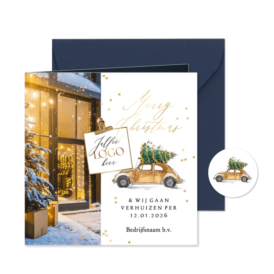 Stijlvolle kerstverhuiskaart bedrijf foto sterren goud auto - Kaartimpressie