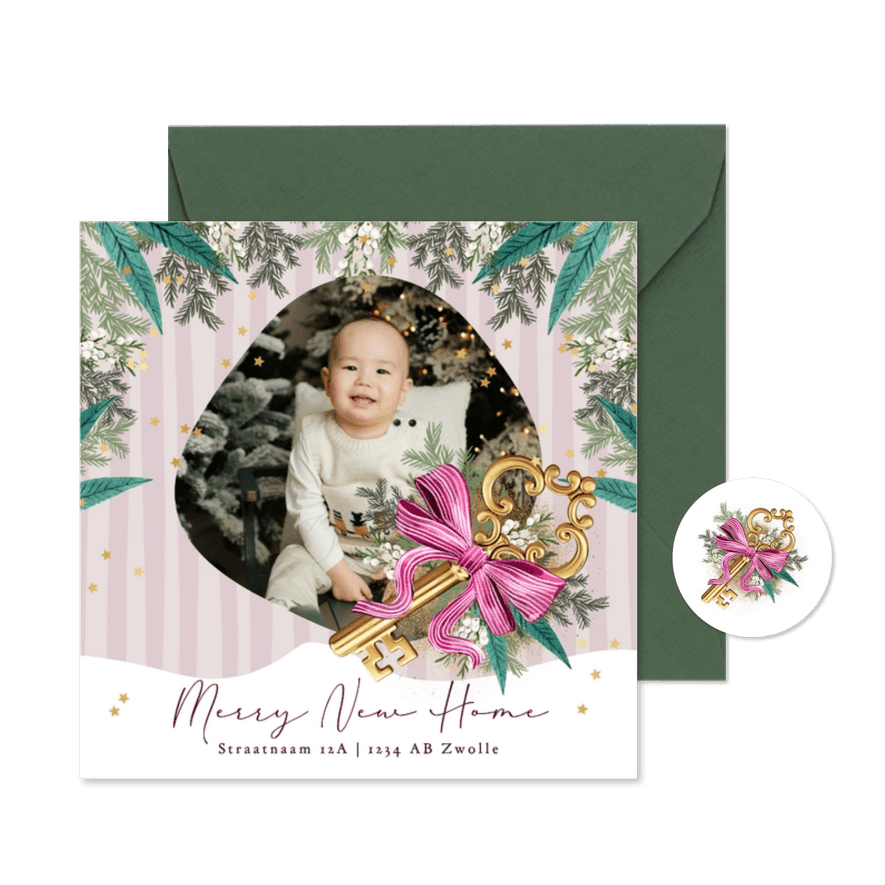 Stijlvolle kerstverhuiskaart botanische bladeren foto streep - Kaartimpressie