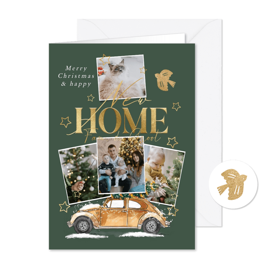Stijlvolle kerstverhuiskaart collage kerstboom goud auto - Kaartimpressie