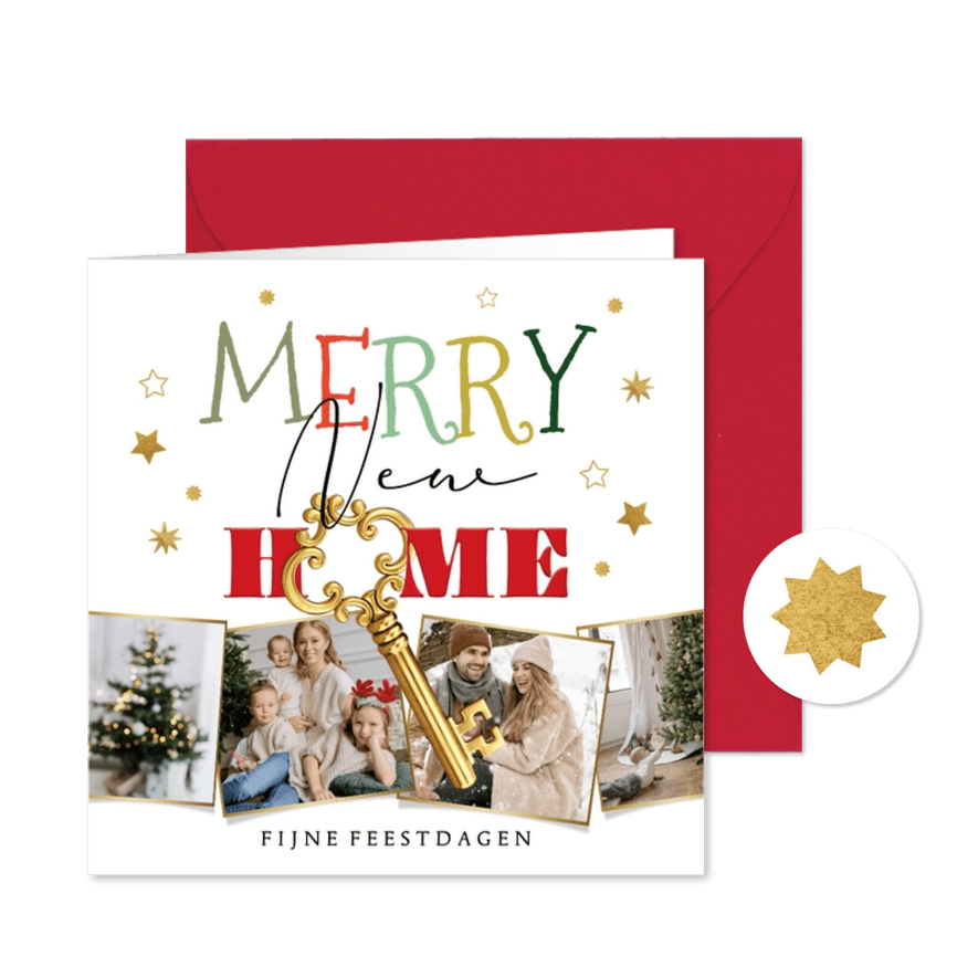 Stijlvolle kerstverhuiskaart collage Merry New Home sleutel - Kaartimpressie