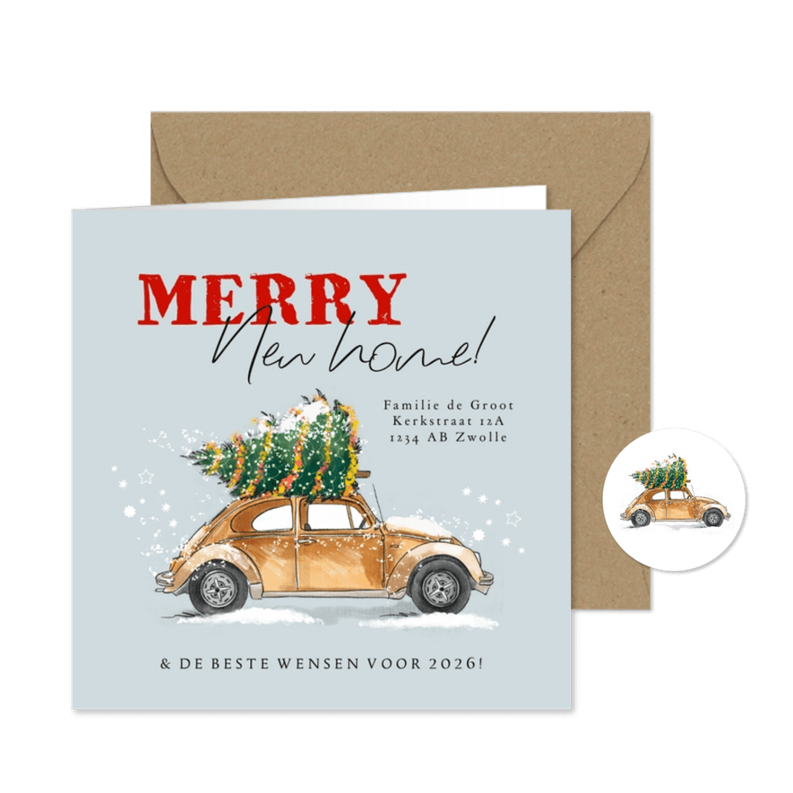 Stijlvolle kerstverhuiskaart illustratie auto kerstboom ster - Kaartimpressie