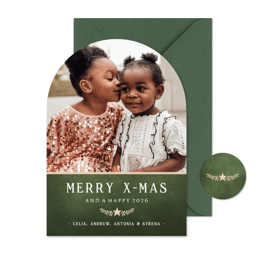 Stijlvolle klassieke groene kerstkaart boogvorm met foto - Kaartimpressie