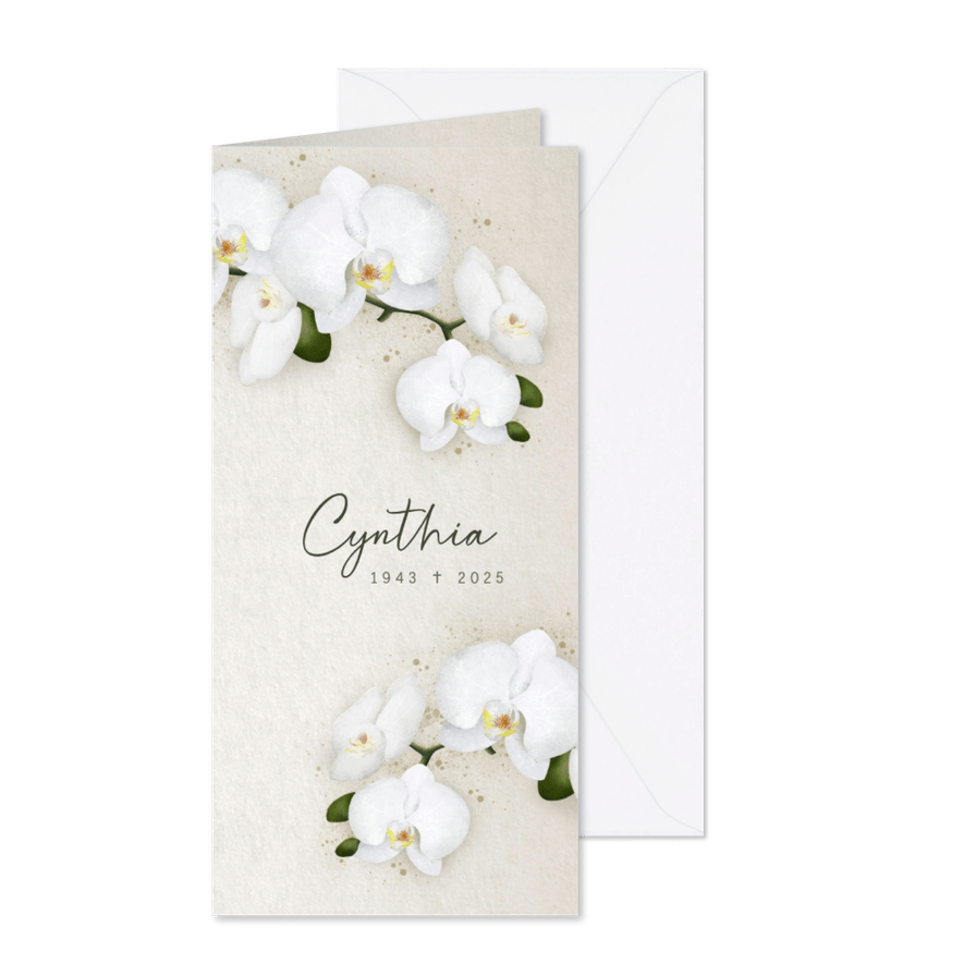 Stijlvolle klassieke langwerpige rouwkaart met orchideeën - Kaartimpressie