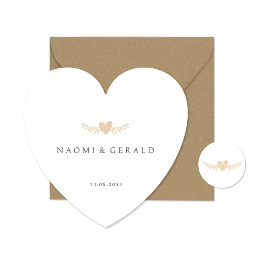 Stijlvolle klassieke minimalistische trouwkaart in hartvorm - Kaartimpressie