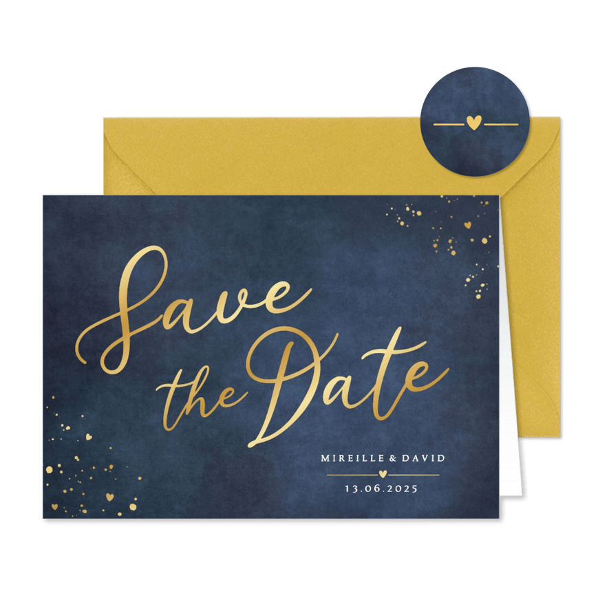 Stijlvolle klassieke Save the Date kaart met gouden letters - Kaartimpressie